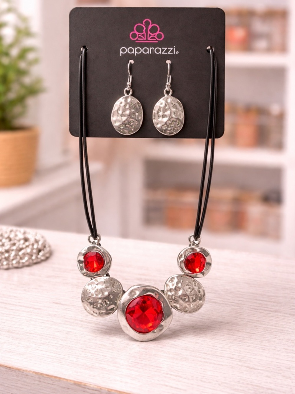 paparazzi Hammered Silver-Tone Necklace & Earring Set with Red Gems